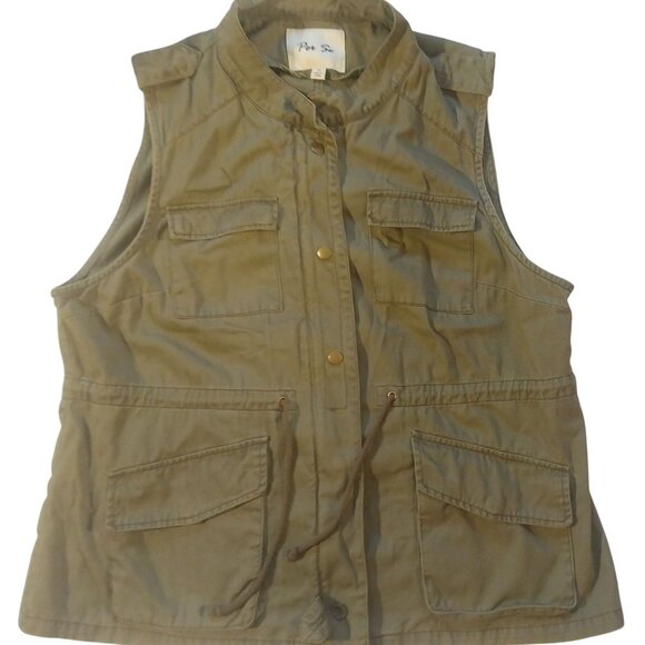 Per Se Womens Green Utility Vest 1X Cotton Sleeveless With Pockets & Drawstring - Picture 1 of 6